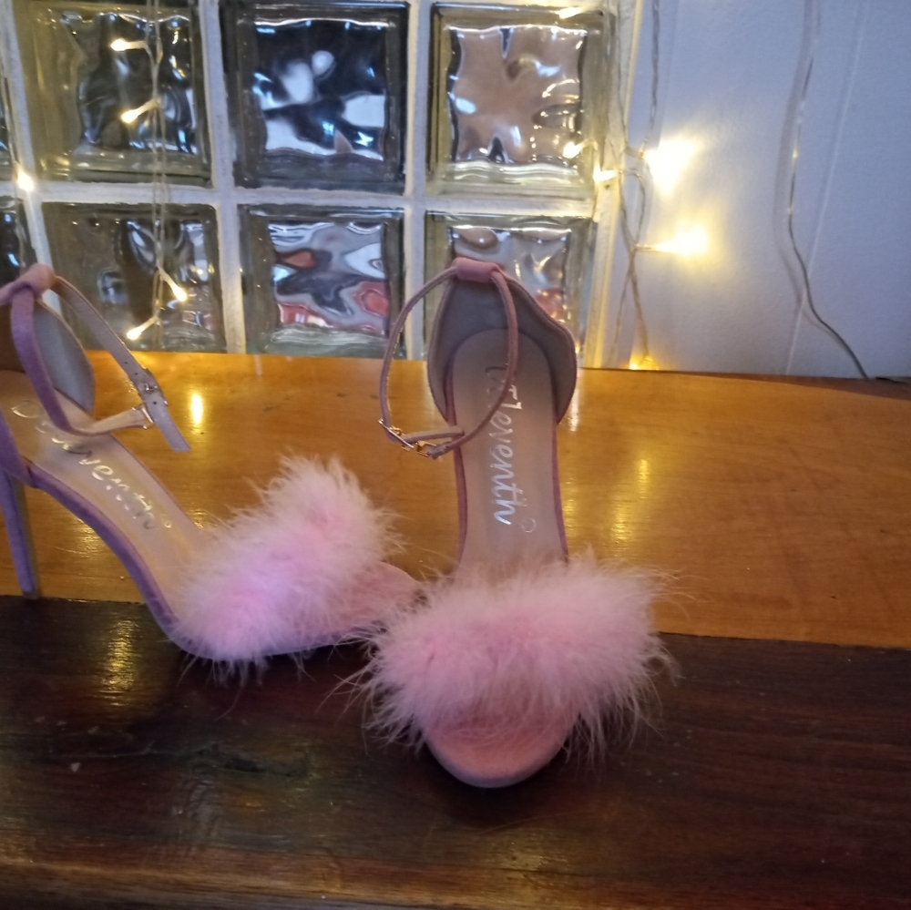 Pink suede and fur heels